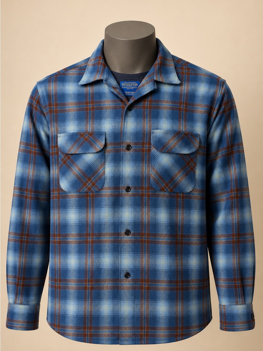 Pendleton Original Board Shirt Blue Brown Plaid Wool Men’s M Long
